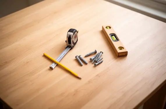 Rolmaat, potlood, pluggen en een waterpas op de keukentafel